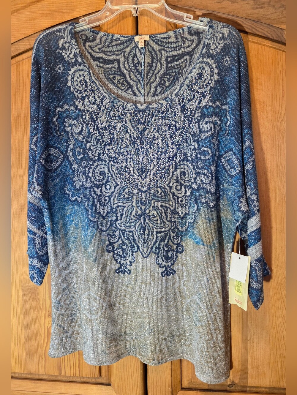 Reba Style Opulent Pullover Sweater Top Rhinestone Bling Blue Silver LGMSRP $88